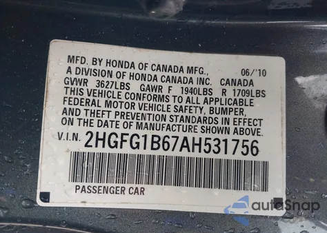 2010 Honda Civic Lx из США, поврежденный, VIN 2HGFG1B67AH531756